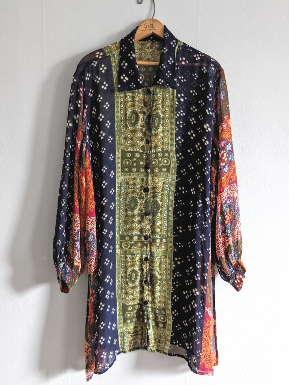 Vtg Sheer oversized Patchwork Mix Pattern Long Shirt Tunic Kurti